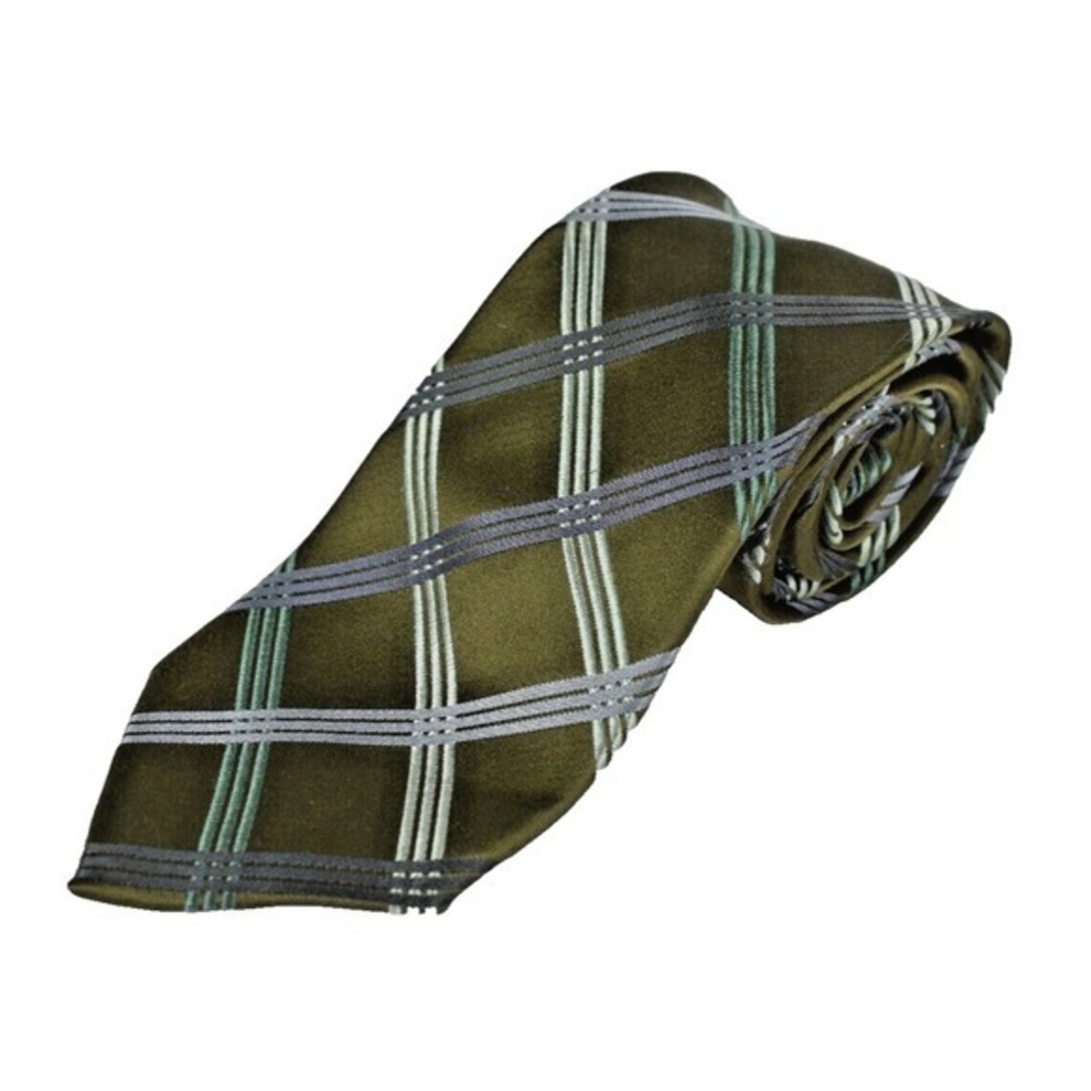 BCBG Attitude 100% Silk handmade tie olive green teal grey plaid‎ 3.25"W X 60"L